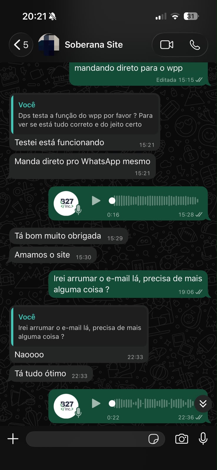 Conversa real de cliente no WhatsApp sobre o site da Soberania